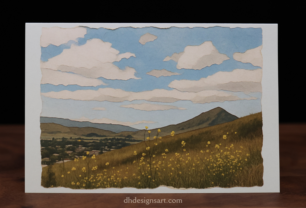 Blank notecard with a landscape illustration with fields, hills, and a blue sky and white clouds. dhdesignsart.com.