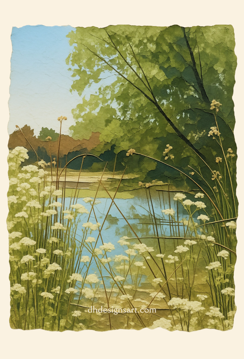 Artistic depiction of a pond at the San Luis Reserve with water, plants, and trees; blank notecard by dhdesignsart.com.