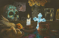 A dark, richly detailed still life artwork featuring a decorated blue-green skull, a lit white candle in a clay holder, a white and blue ornate cross, a brown ceramic mug, bread, corn, flowers, and a glass of water on a table - dia de los muertos ofrenda.