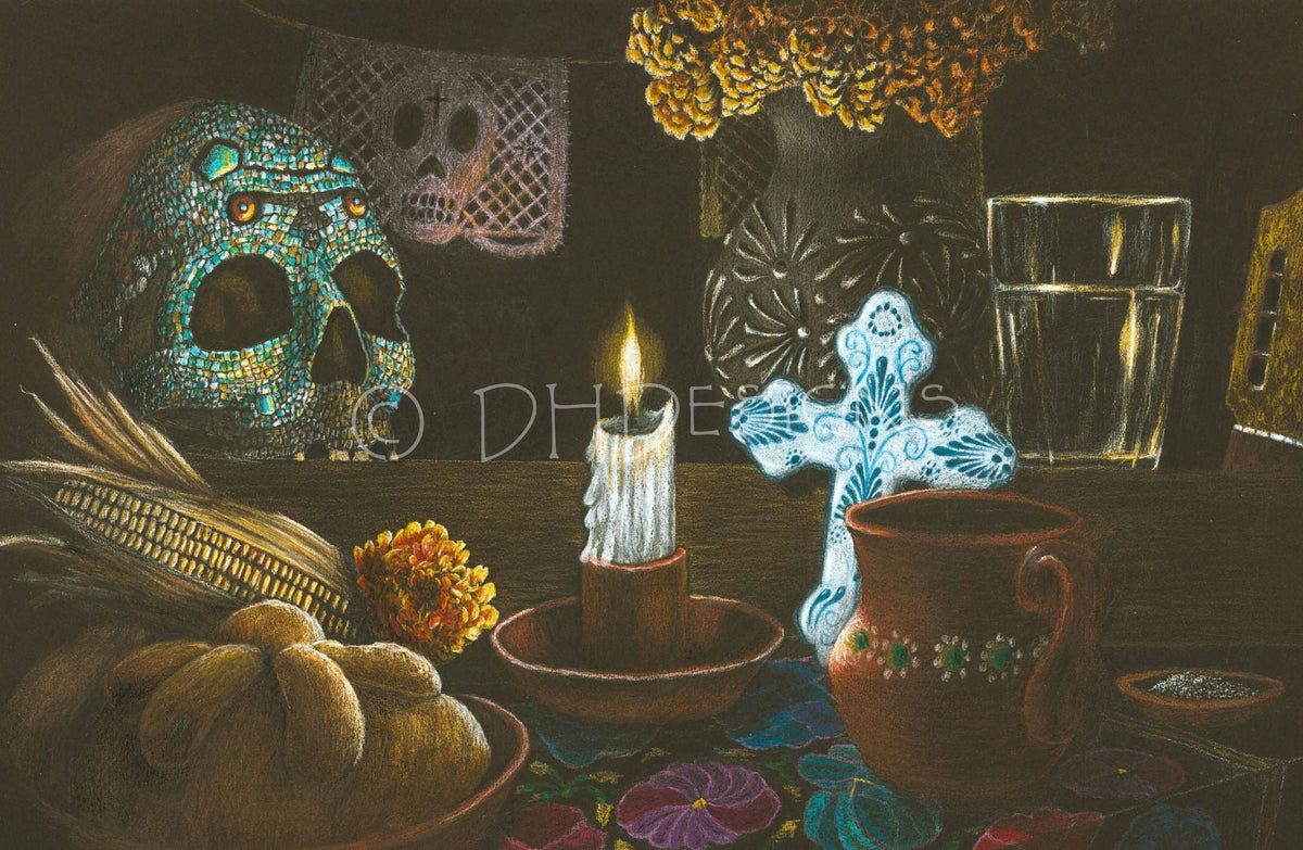 A dark, richly detailed still life artwork featuring a decorated blue-green skull, a lit white candle in a clay holder, a white and blue ornate cross, a brown ceramic mug, bread, corn, flowers, and a glass of water on a table - dia de los muertos ofrenda.