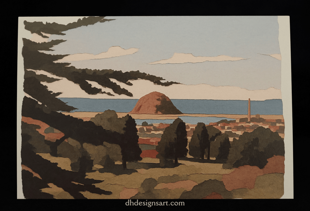 A vintage-style landscape notecard featuring Morro Bay, a coastal town with Morro Rock, blue water, and dark green cypress trees, bordered by a white margin and presented on a black background.