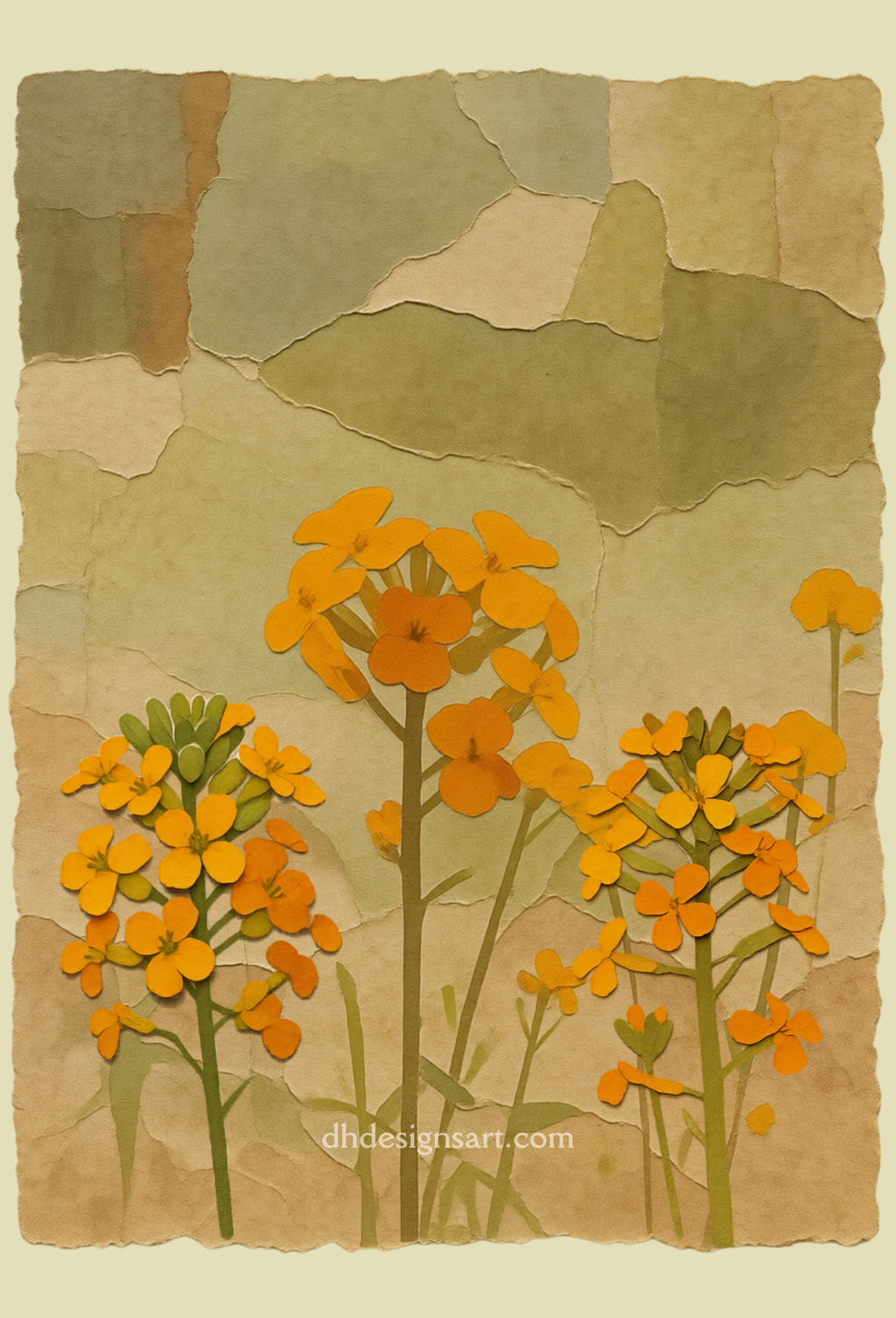 Artistic depiction of Yosemite Western Wallflowers - orange flowers on a textured earth tone background with 'dhidesignsart.com' watermark on the blank notecard.