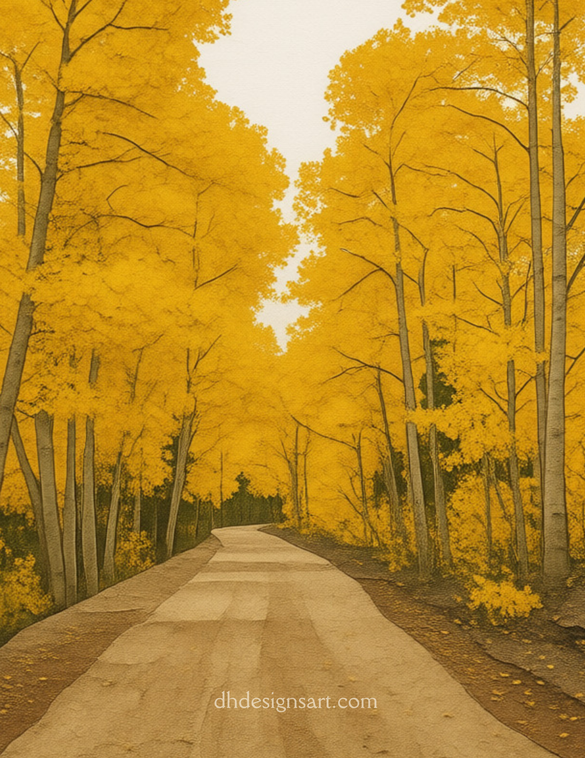 Stylized mountain road lined with bright yellow aspens