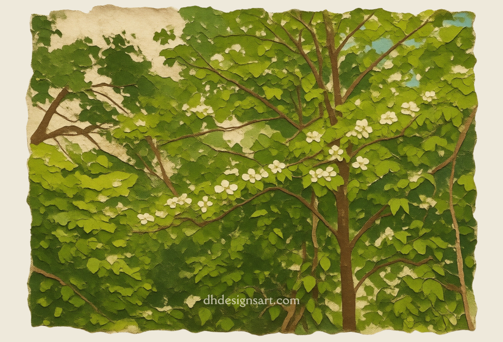 Artistic depiction of a blooming Dogwood tree with green leaves and white flowers on a textured background, blank notecard, dhdesignsart.com.