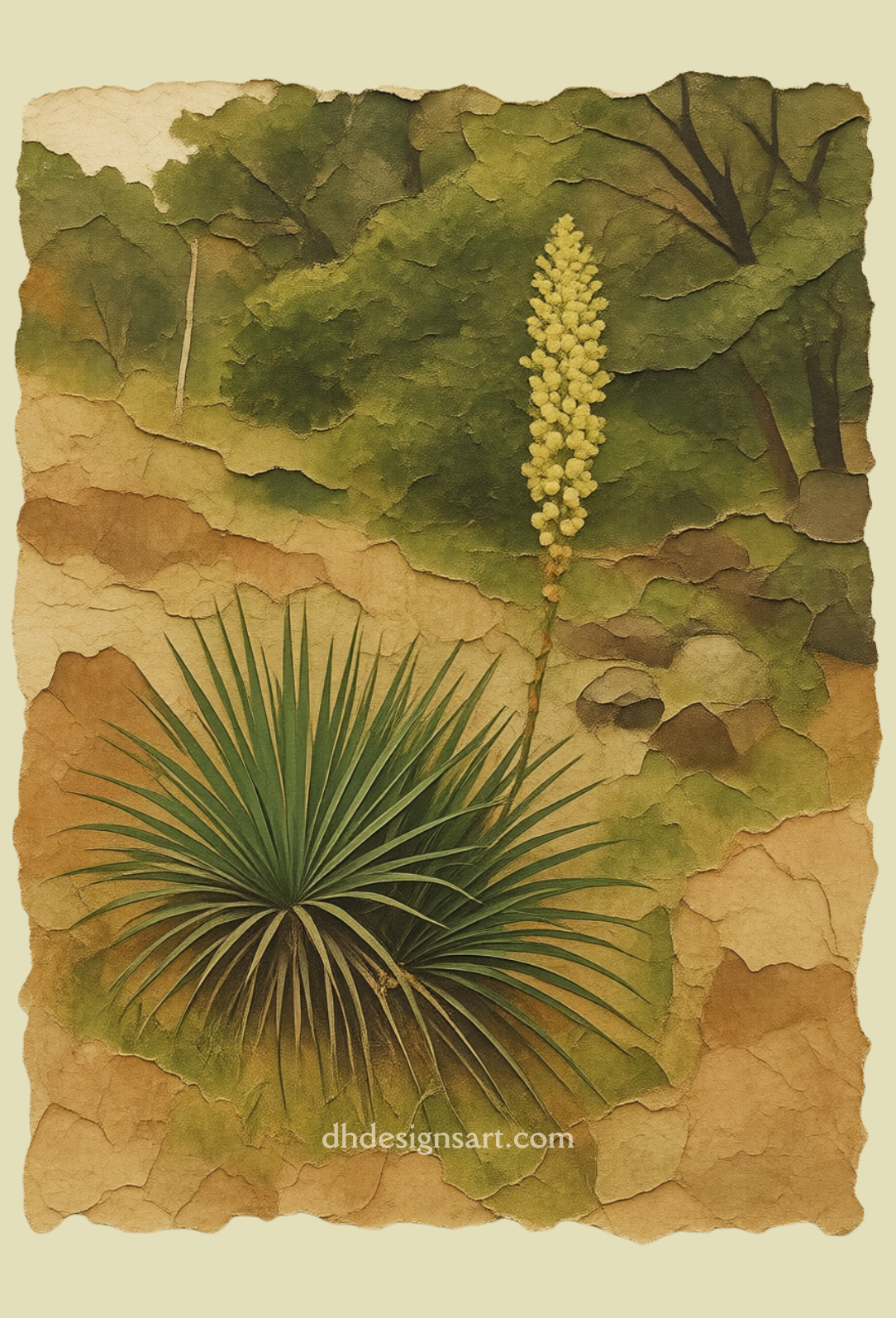 Artistic depiction of plants on a textured background with 'dhdesignsart.com' watermark - blank notecard