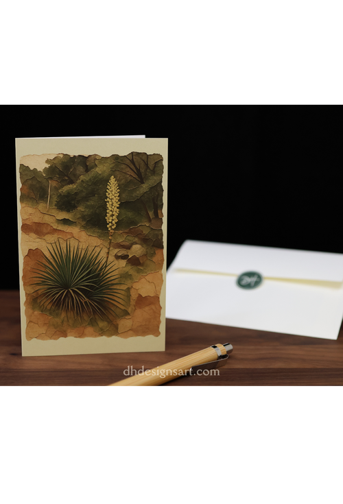 Blank notecard with a blooming yucca plant on a wooden desk.